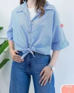 شومیز زنانه گره ای راه راه تن پوش آبی رنگ