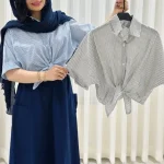 شومیز زنانه گره ای راه راه طوسی دست خانم