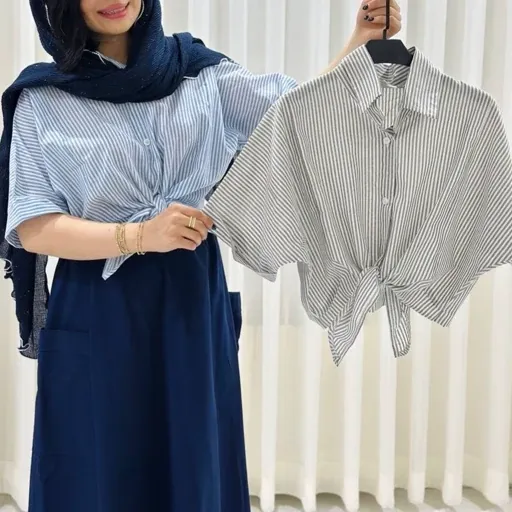 شومیز زنانه گره ای راه راه 4 شومیز زنانه گره ای راه راه طوسی دست خانم